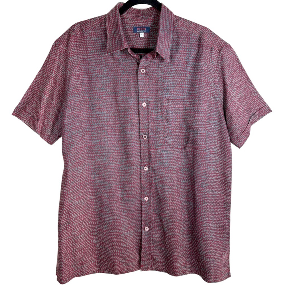 Bodhi by Kotomori Mens Linen Button Up Shirt Size Large Red Green Short Sleeve